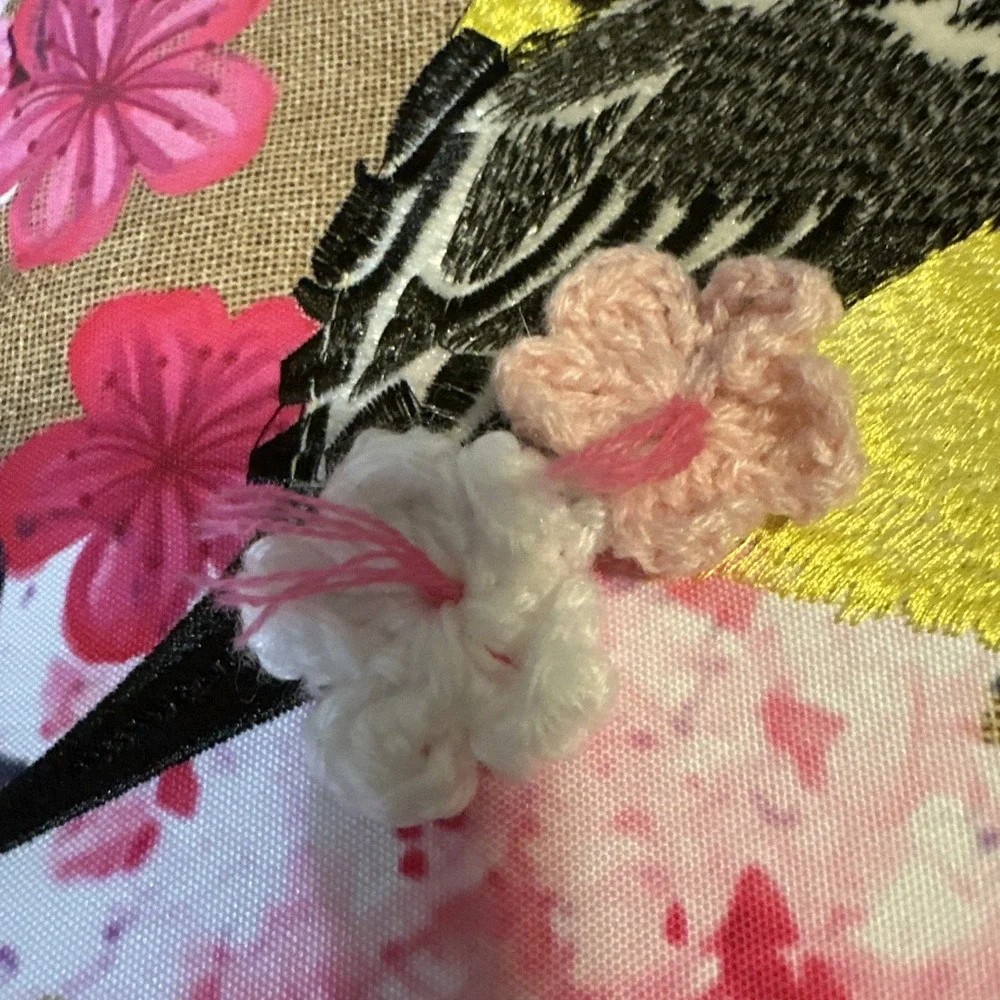 Yellow‎ Finch Embroidered  Indoor Outdoor Pillow Crochet Flowers 17 x 17