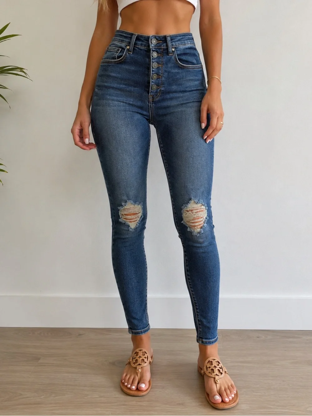 Free‎ People Button Fly Sabrina Distressed High Waist Skinny Jeans Size 28