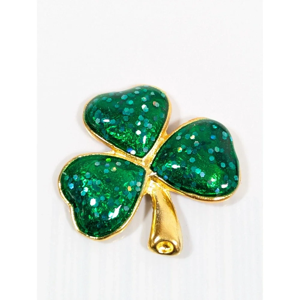 Retro Green Glitter‎ Shamrock Tack Pin Gold Tone Enamel St Patrick's Day NWT