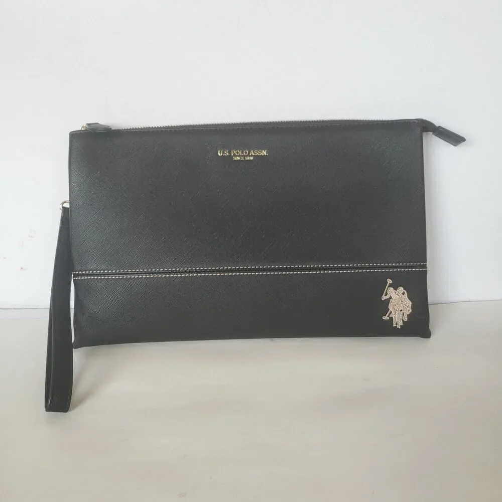 U.S.‎ Polo Assn Wristlet Clutch Unisex Pony Black Flat Large 12x8 Rectangle Bag