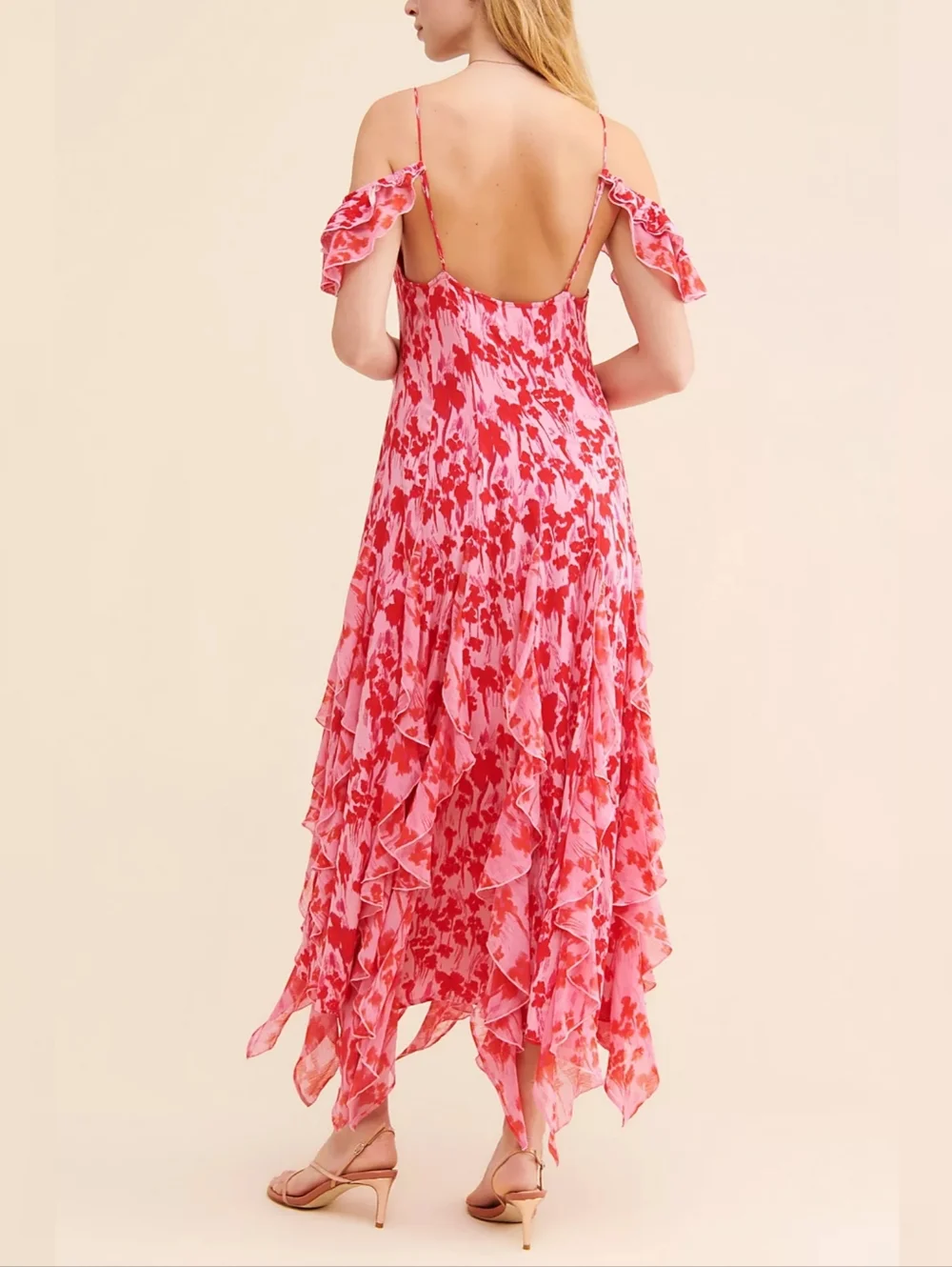 Free People Endless Cascades Maxi‎ Dress Off The Shoulder Pink And Red