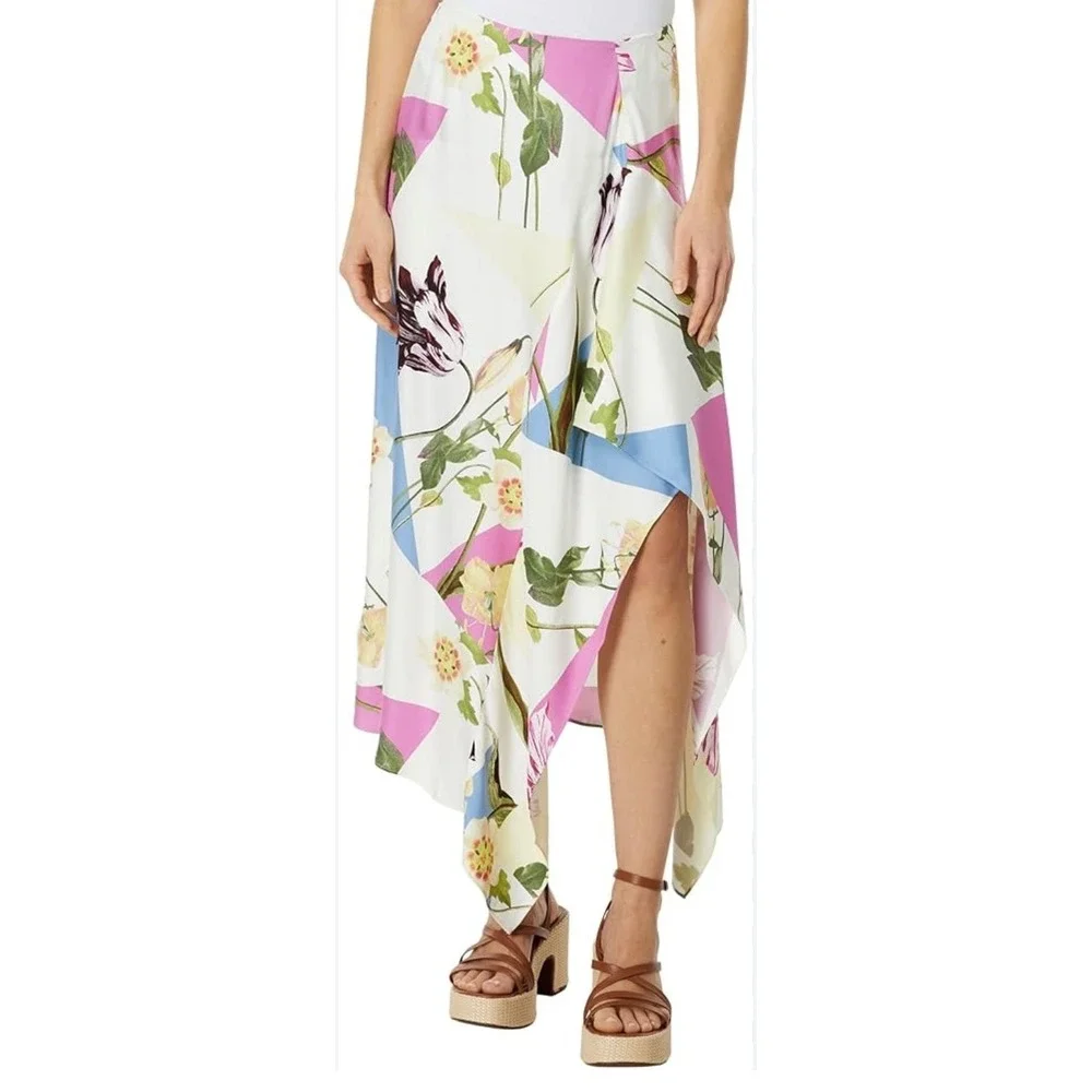 Ted Baker‎ Saphiya Floral Geometric Asymmetric Midi Skirt White Pink Size 5 NEW