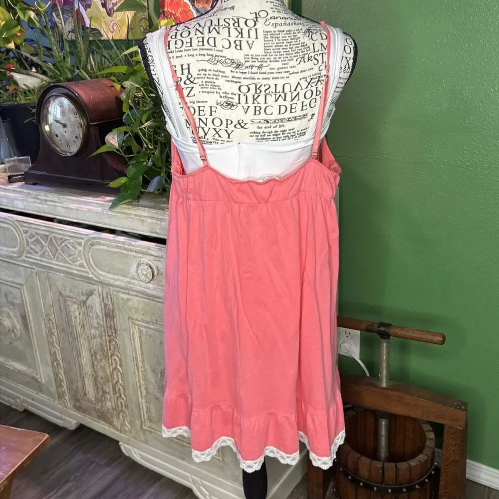 Victorias Secret Coral 100% Cotton Lace Nightgown Chemise LG