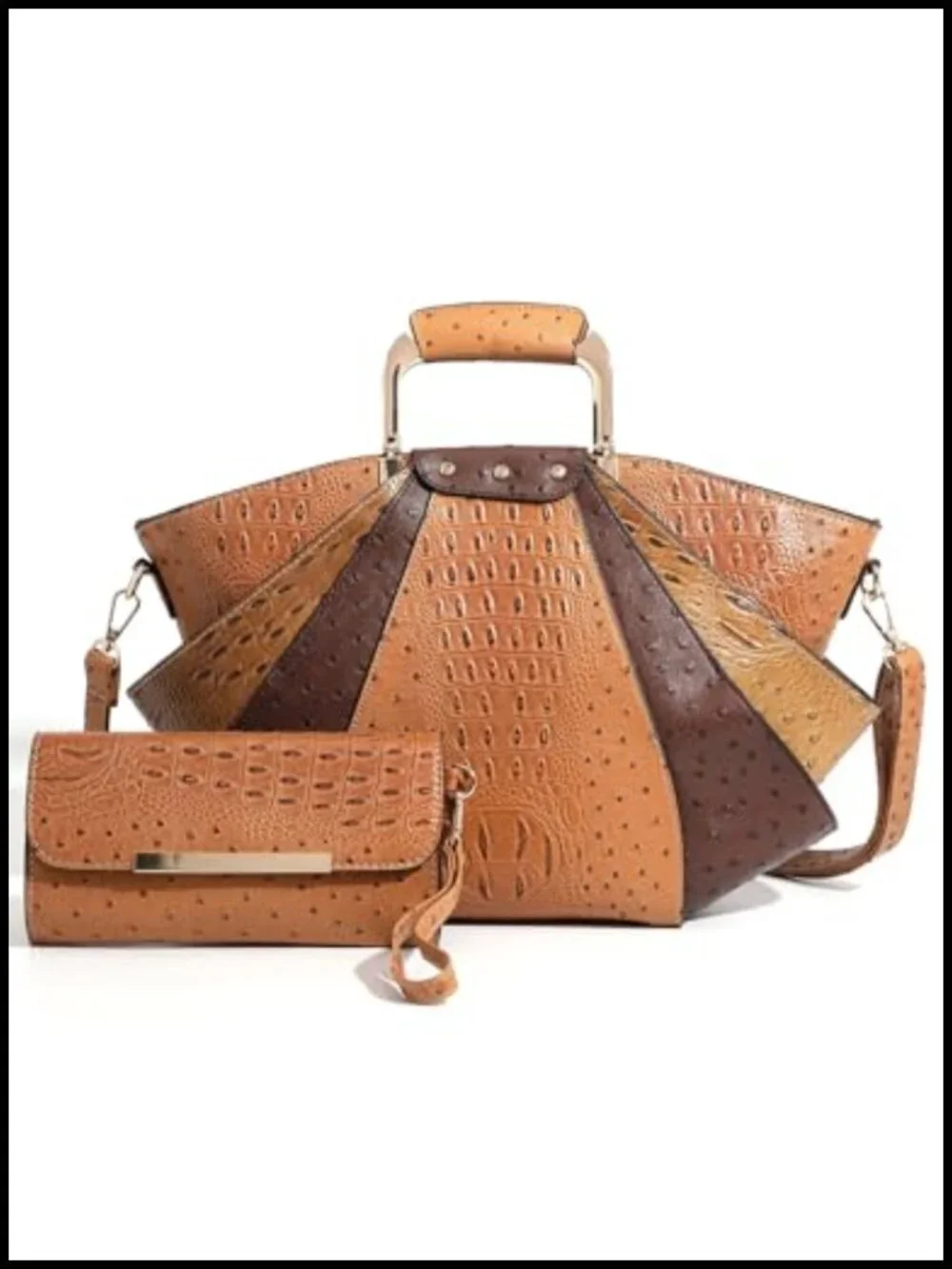 Vintage Croco-Embossed Satchel Tote with Detachable Strap & Wallet Set