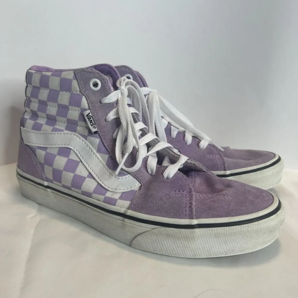VANS women’s High Top Lace-Up Sneakers US 7.5  Purple/White Check Pre-Owned