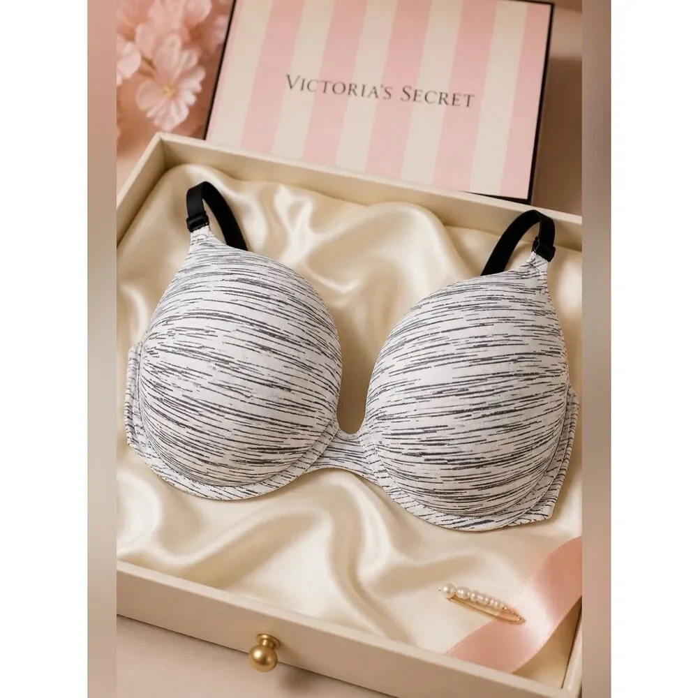 GRAY & WHITE STRIPE BRA VICTORIAS SECRET PINK WEAR EVERYWHERE 34D