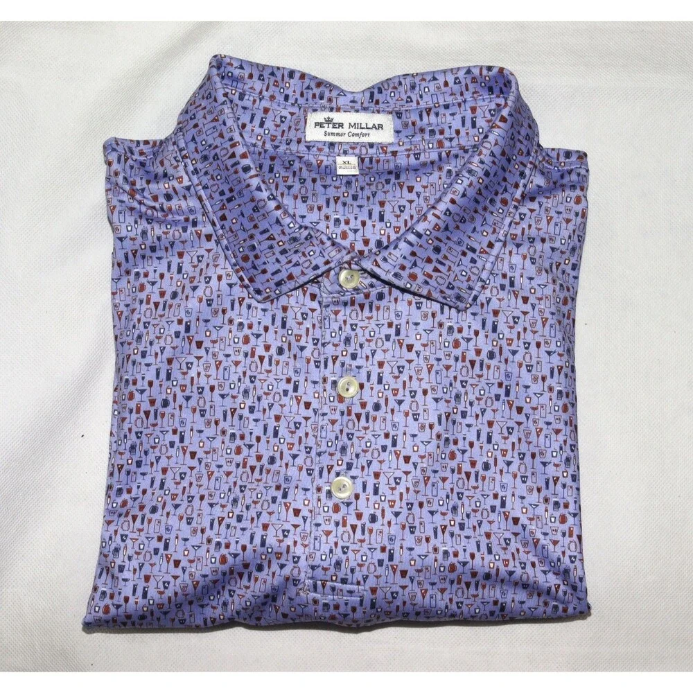 Peter Millar Summer Comfort Mens Cocktails Print Short Sleeve Polo Shirt Size XL