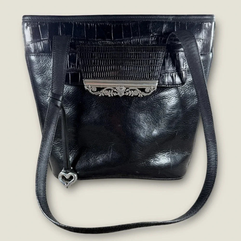 Brighton Black Leather Croc‎ Embossed Shoulder Bag Ornate Silver Heart Vintage