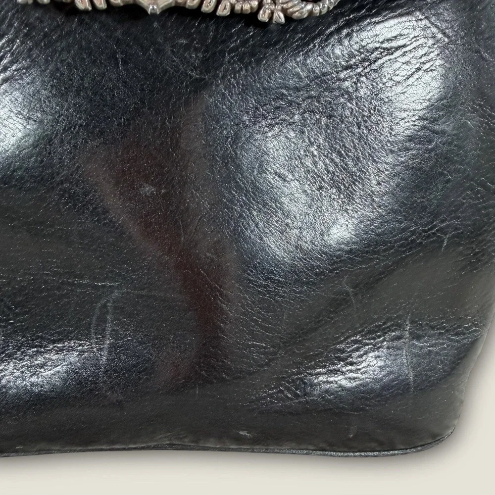 Brighton Black Leather Croc‎ Embossed Shoulder Bag Ornate Silver Heart Vintage
