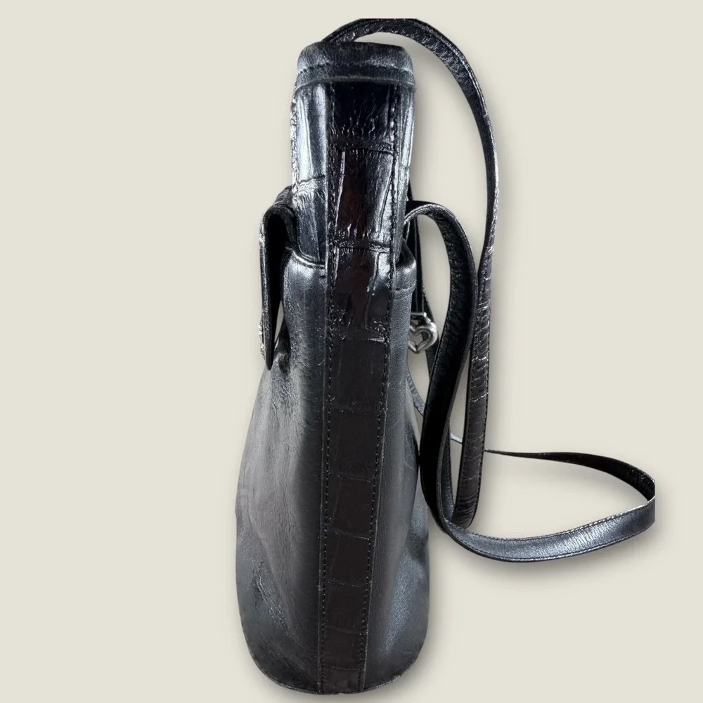 Brighton Black Leather Croc‎ Embossed Shoulder Bag Ornate Silver Heart Vintage