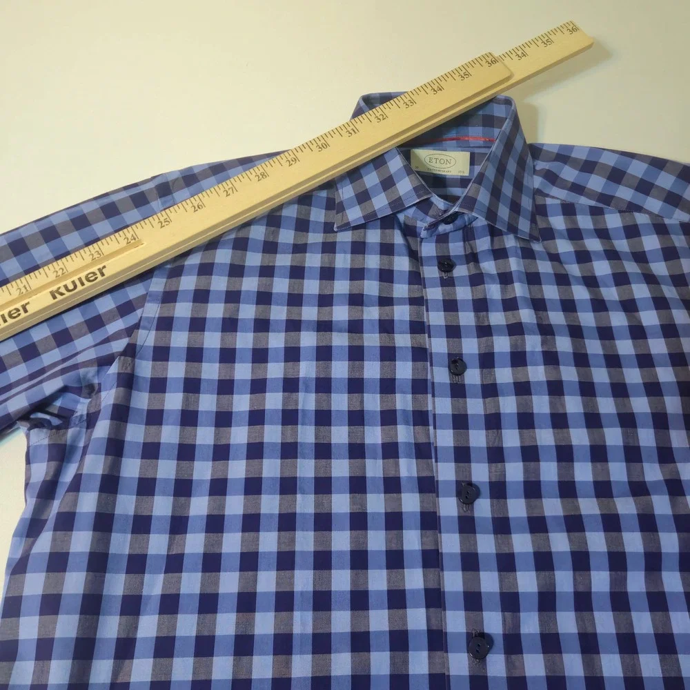 Eton Dress Shirt Mens 15.5 Blue‎ Gingham Check Contemporary Fit Long Sleeve M