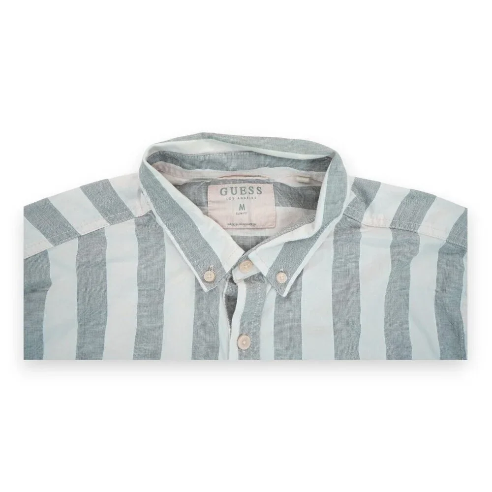 Guess Slim Fit Shirt Mens Medium Gray/Pink Striped Short‎ Sleeve Button Up