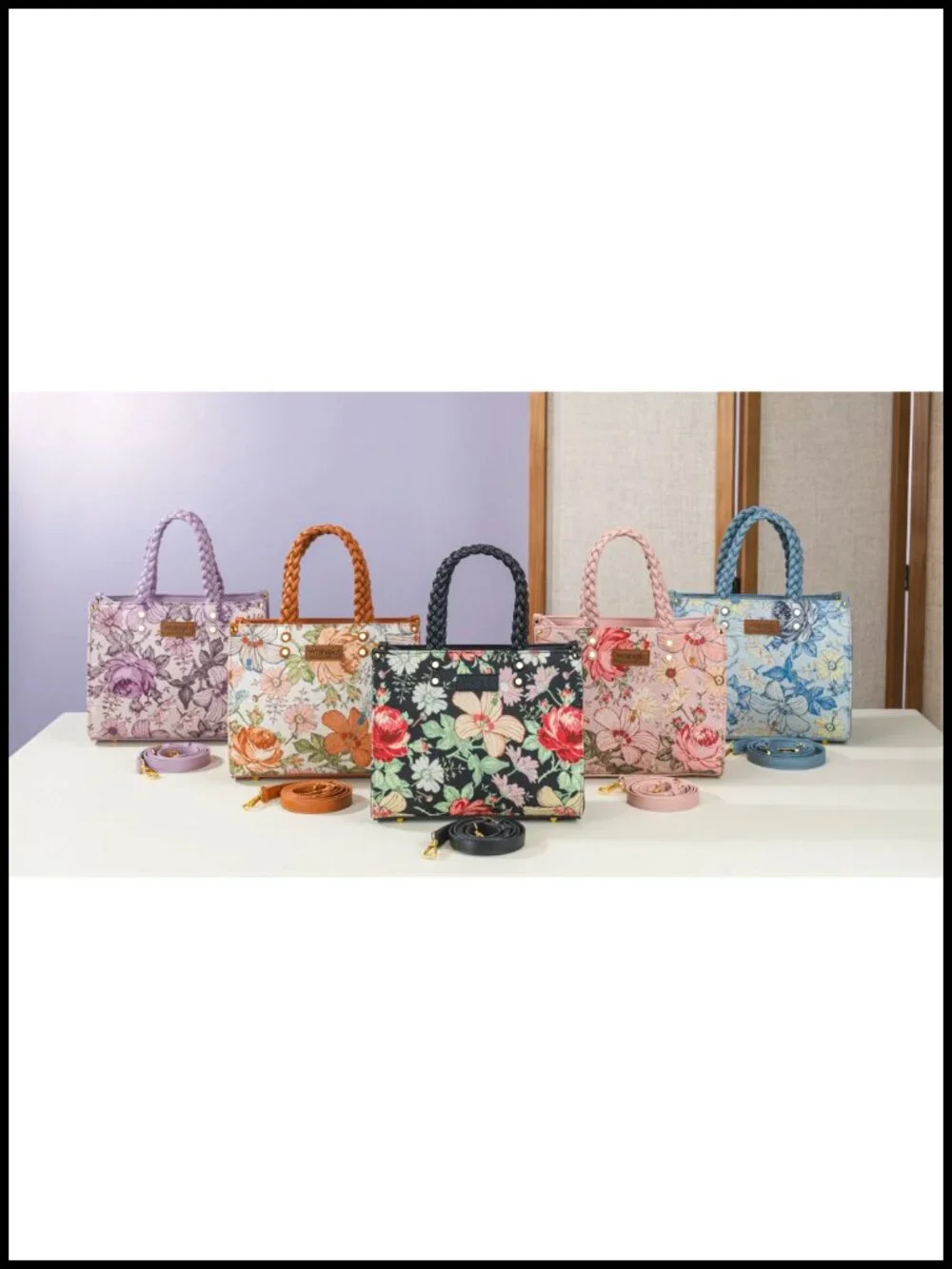 Floral Tote Bag with Braided Details and Adjustable Strap, Faux Leather