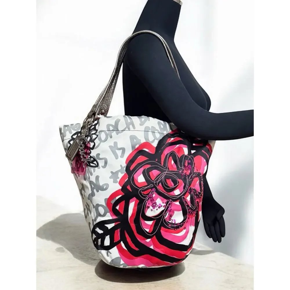 Y2K Coach 14735 Poppy Floral Graffiti North South Tote Bag