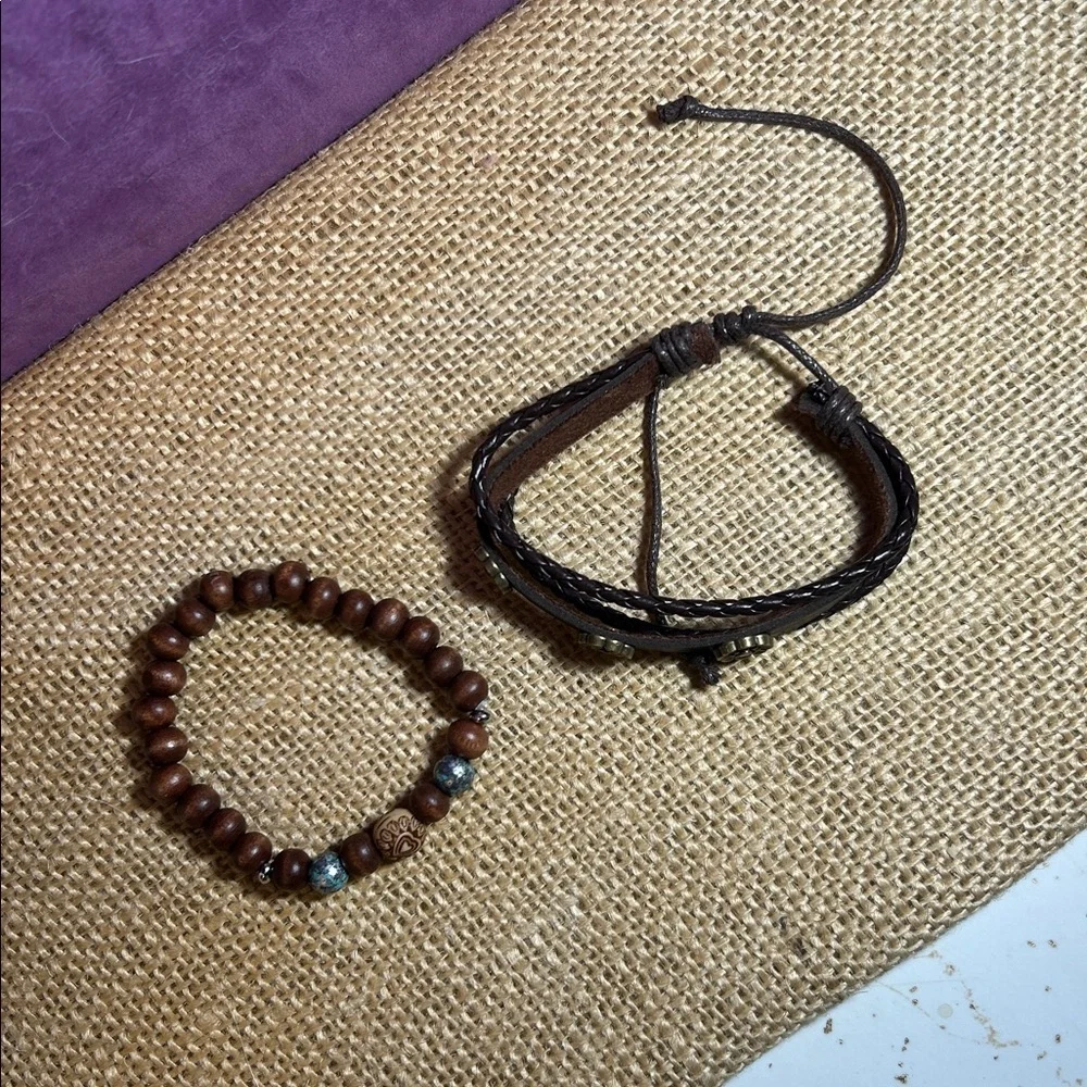 Fancy Wooden Beads Bracelet & Braided Leather Flower Bracelet Bundle (G)