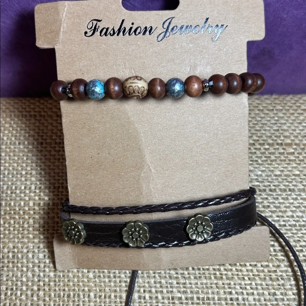 Fancy Wooden Beads Bracelet & Braided Leather Flower Bracelet Bundle (G)