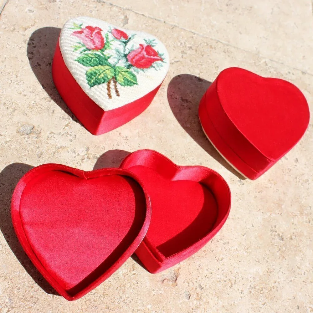 Needlepoint Mini Petite Stitch Roses Floral Red Heart Containers Set of 3