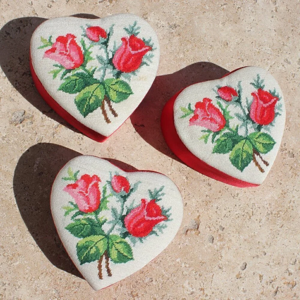 Needlepoint Mini Petite Stitch Roses Floral Red Heart Containers Set of 3