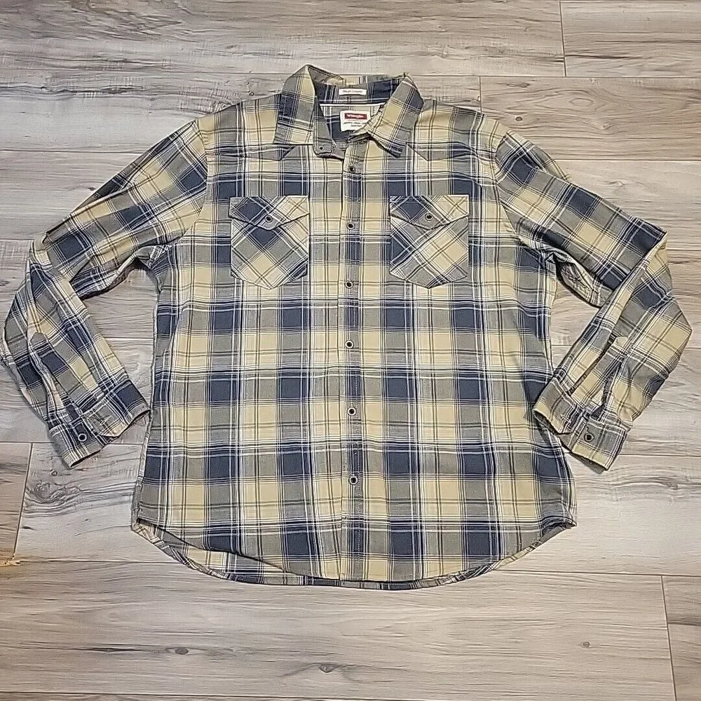 Wrangler Shirt‎ Men XL Mens Tan  Black Plaid Button Up Long Sleeve