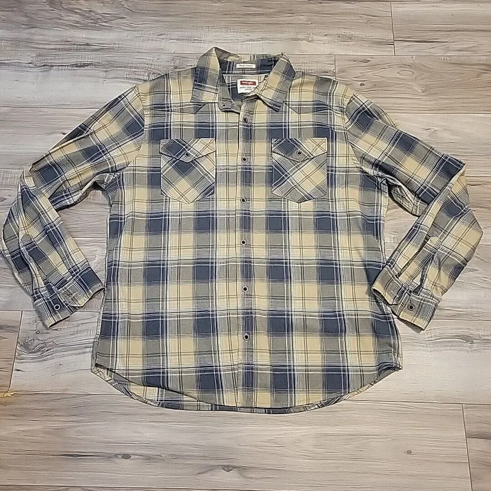 Wrangler Shirt‎ Men XL Mens Tan  Black Plaid Button Up Long Sleeve
