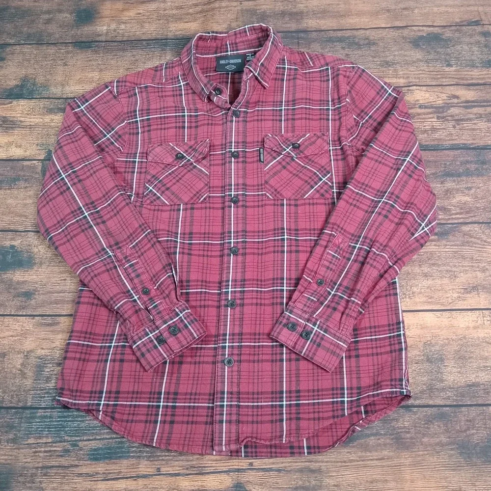 Harley Davidson Long Sleeve Button Up Flannel Shirt Men's Medium‎ Red Plaid