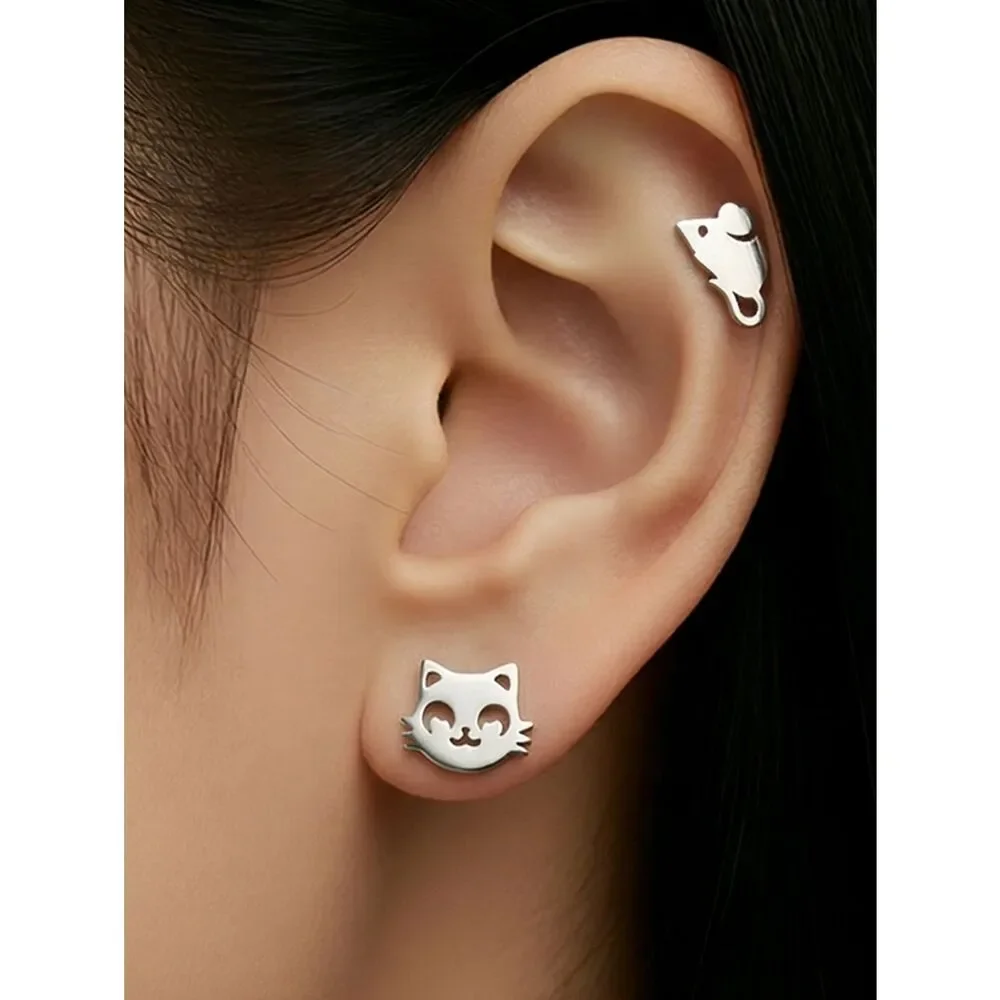 Cat Mouse Stud Earrings Mismatched Dainty Silver Stainless Steel Cute Playful