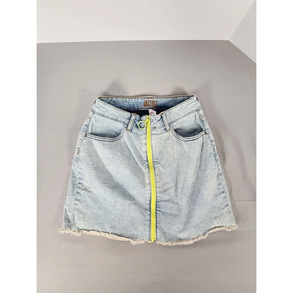 Justice Girls Light Wash Denim Skirt Neon Yellow Front Zip Frayed Hem Size 14