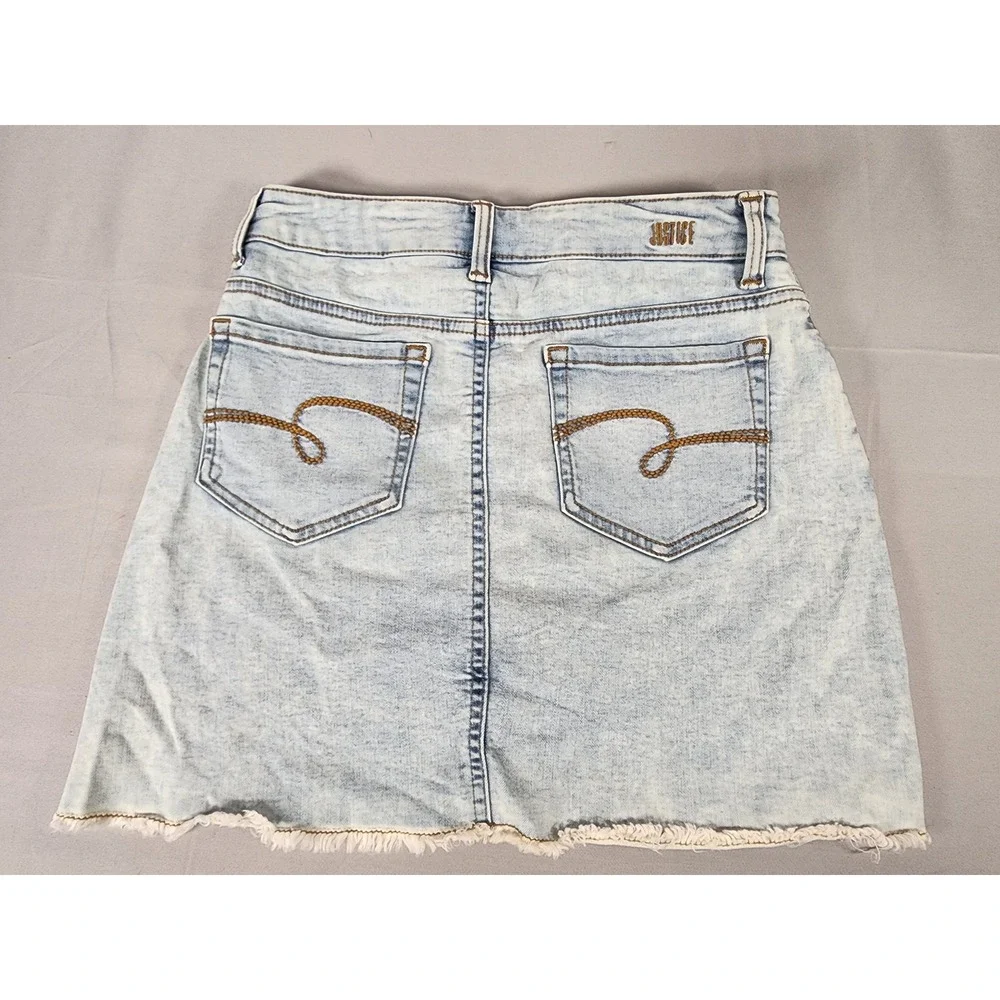 Justice Girls Light Wash Denim Skirt Neon Yellow Front Zip Frayed Hem Size 14
