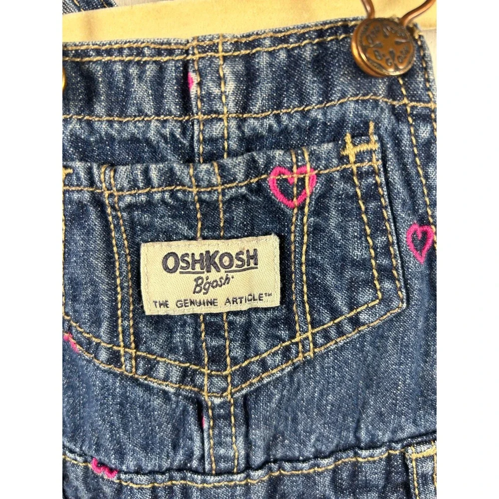 OshKosh B'gosh Denim‎ Overalls 6M Blue Pink Heart Embroidered Bibs Baby Girls