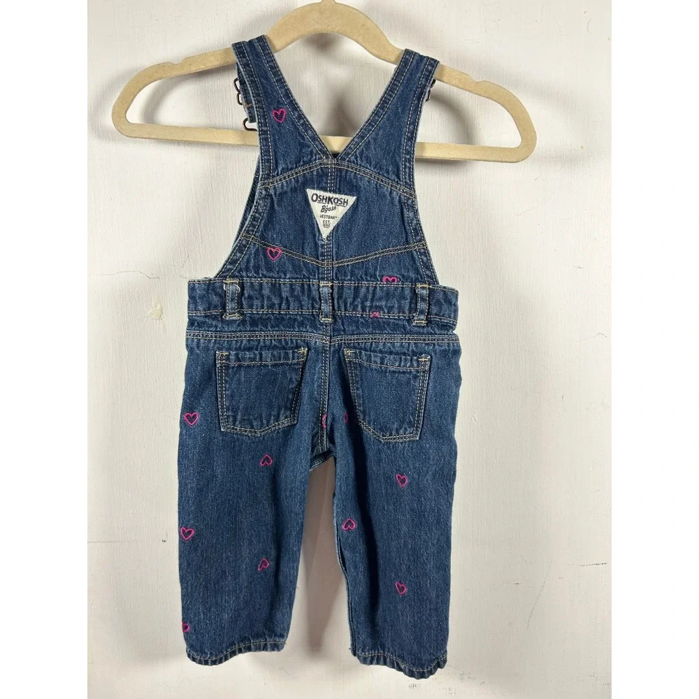 OshKosh B'gosh Denim‎ Overalls 6M Blue Pink Heart Embroidered Bibs Baby Girls