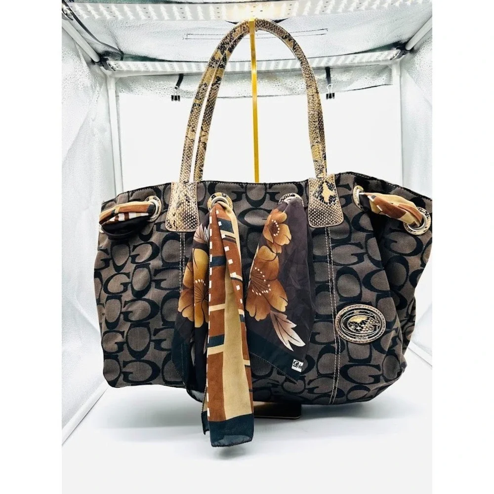 Designer Style Brown Monogram Tote‎ Bag Snake Print Handles Scarf Large Shoulder