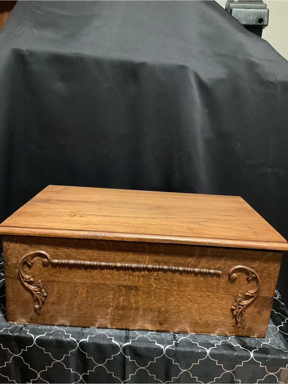 Antique-Style Carved Wood Storage Chest in Warm Brown