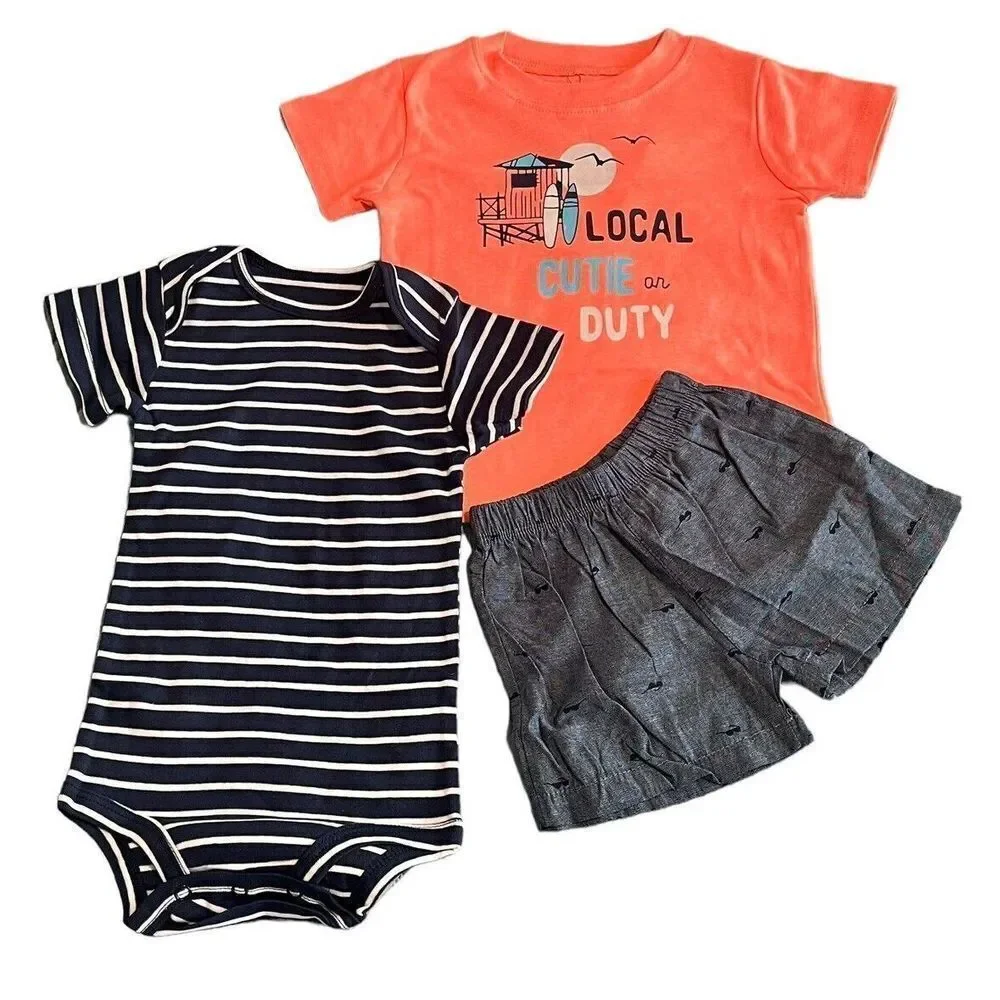 Childrens 3 Piece Summer Set Boys Baby Size 12M Tee Shorts Romper