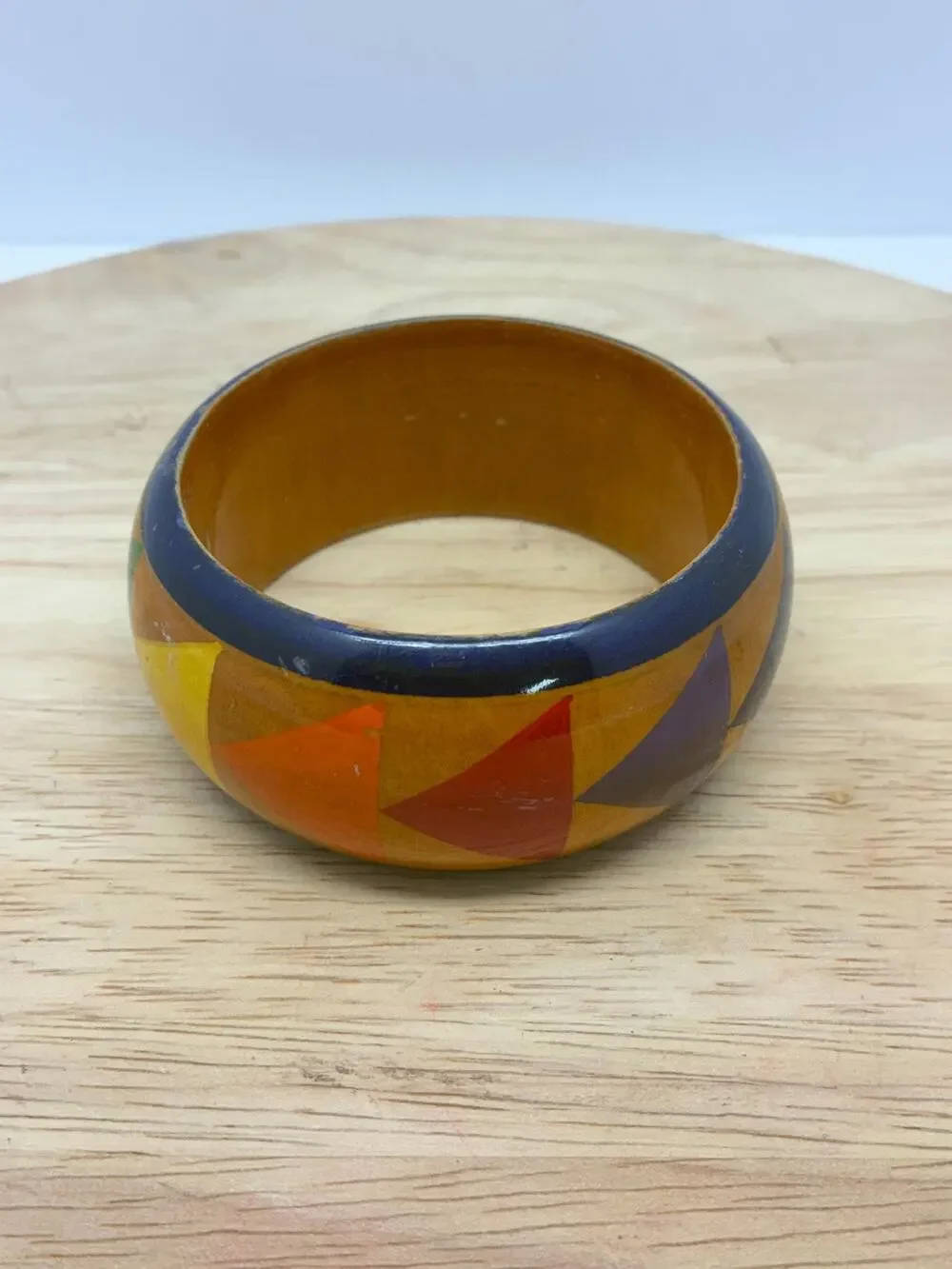 Vintage Wide Wooden Bangle Bracelet | Hand Painted Geometric Boho Bracelet