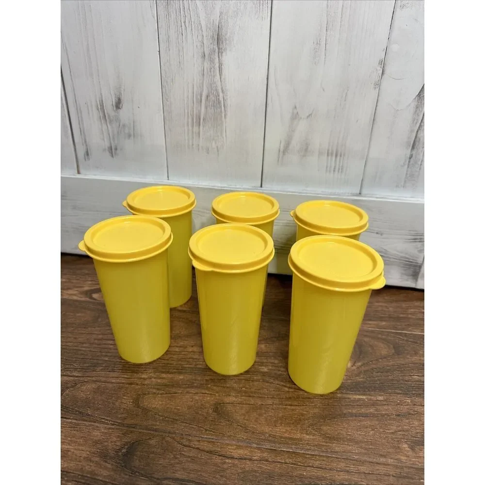 Tupperware Vintage 9 oz Sheer Stacking Yellow Cups Tumbler Set of 6 w/‎ Lids