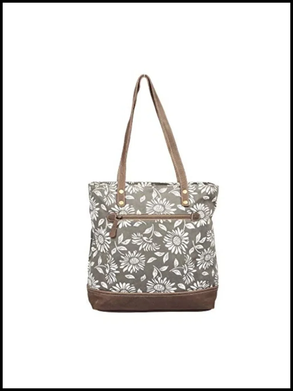 Genuine Leather and Canvas Floral Tote Bag with Sunflower Print, Handcrafted