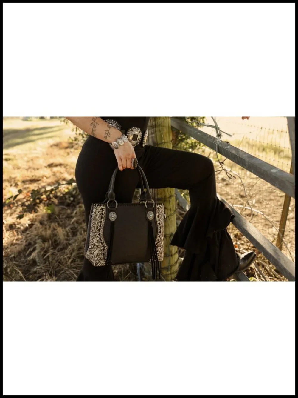 Vintage Tooled Floral Concho Tote Bag with Whipstitch Detail