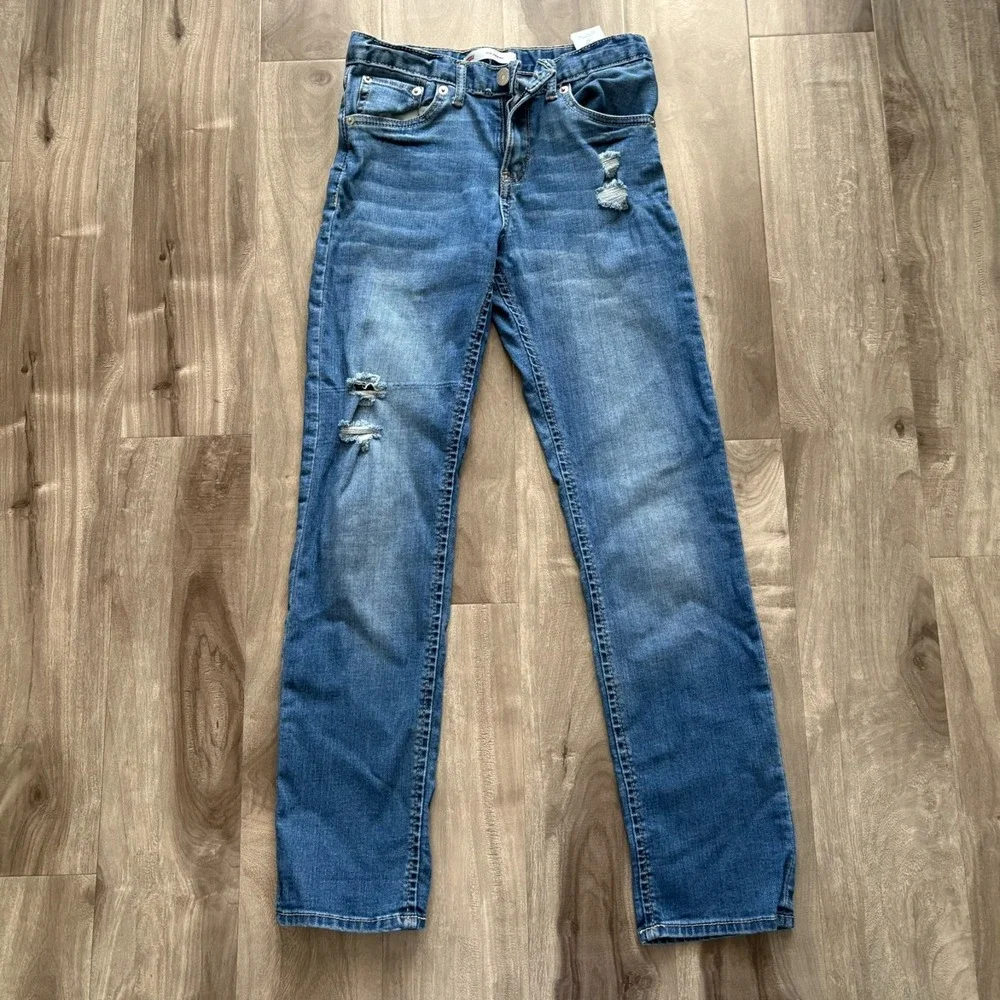 Levi's Girls Girlfriend Jeans Kids Size 10 Reg‎ Blue Distressed Adjusted Waist