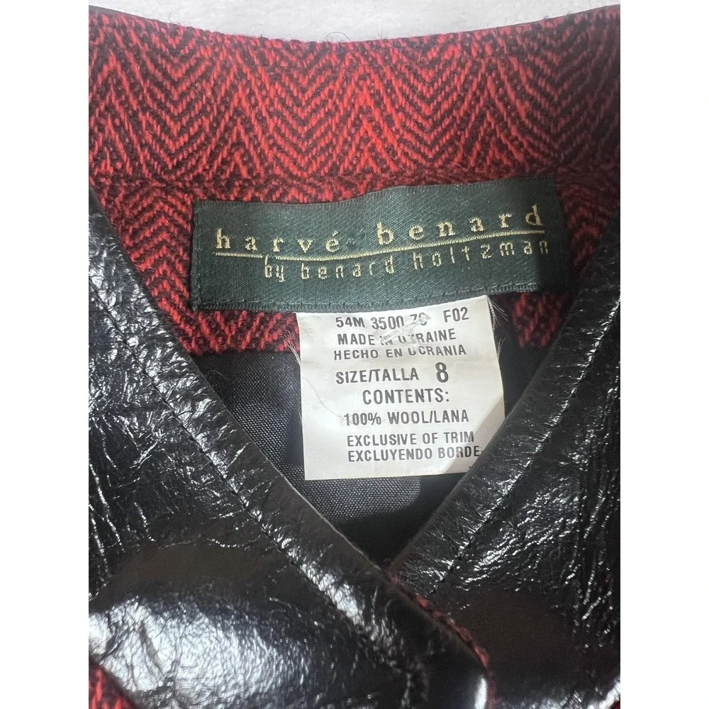 Harve Benard Coat Womens 8 Red‎ Wool Herringbone Faux Leather Trim Mid Length