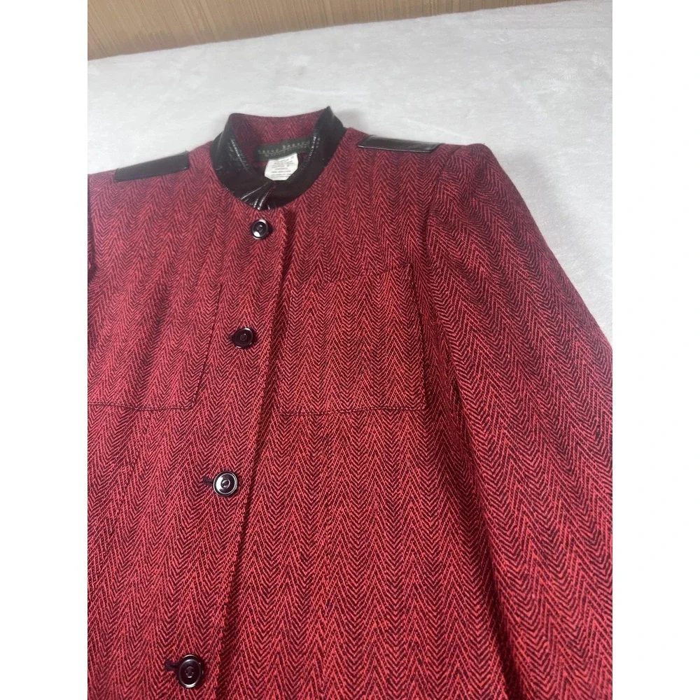 Harve Benard Coat Womens 8 Red‎ Wool Herringbone Faux Leather Trim Mid Length