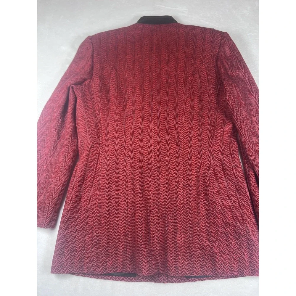 Harve Benard Coat Womens 8 Red‎ Wool Herringbone Faux Leather Trim Mid Length
