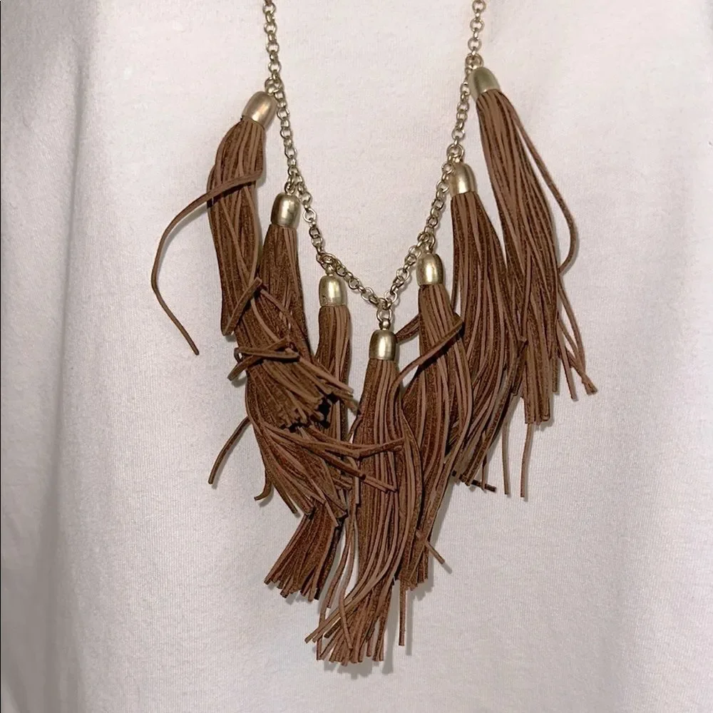 Long Brown Leather Tassel‎ Statement Necklace with Gold Tone Chain