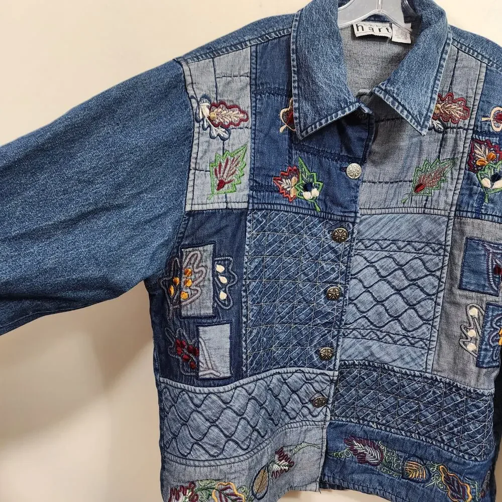 Vintage Keren Hart embroidered and quilted denim button front jacket woman sz XL