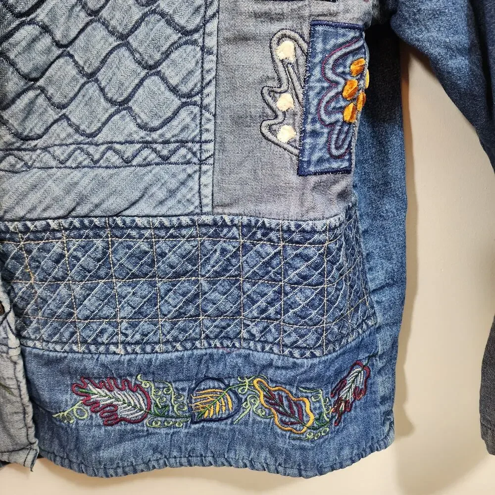 Vintage Keren Hart embroidered and quilted denim button front jacket woman sz XL