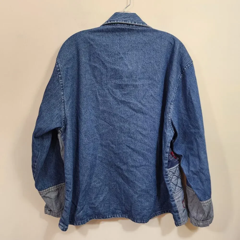 Vintage Keren Hart embroidered and quilted denim button front jacket woman sz XL