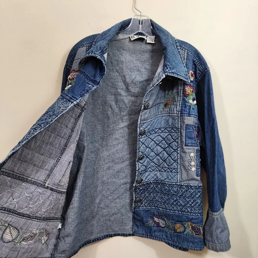 Vintage Keren Hart embroidered and quilted denim button front jacket woman sz XL