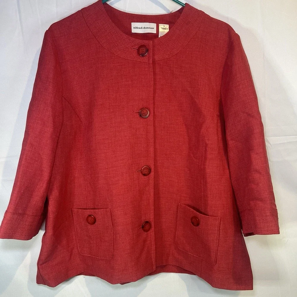 Alfred Dunner Red Large Button Blazer 3/4 Sleeve Size 18‎ 100% Polyester