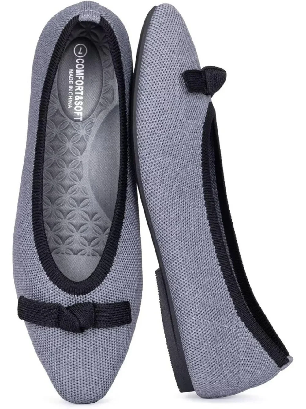 Frank Mully Women's Grey Black Rubber Knit Squared Toe Bow Slip On Ballet Flats