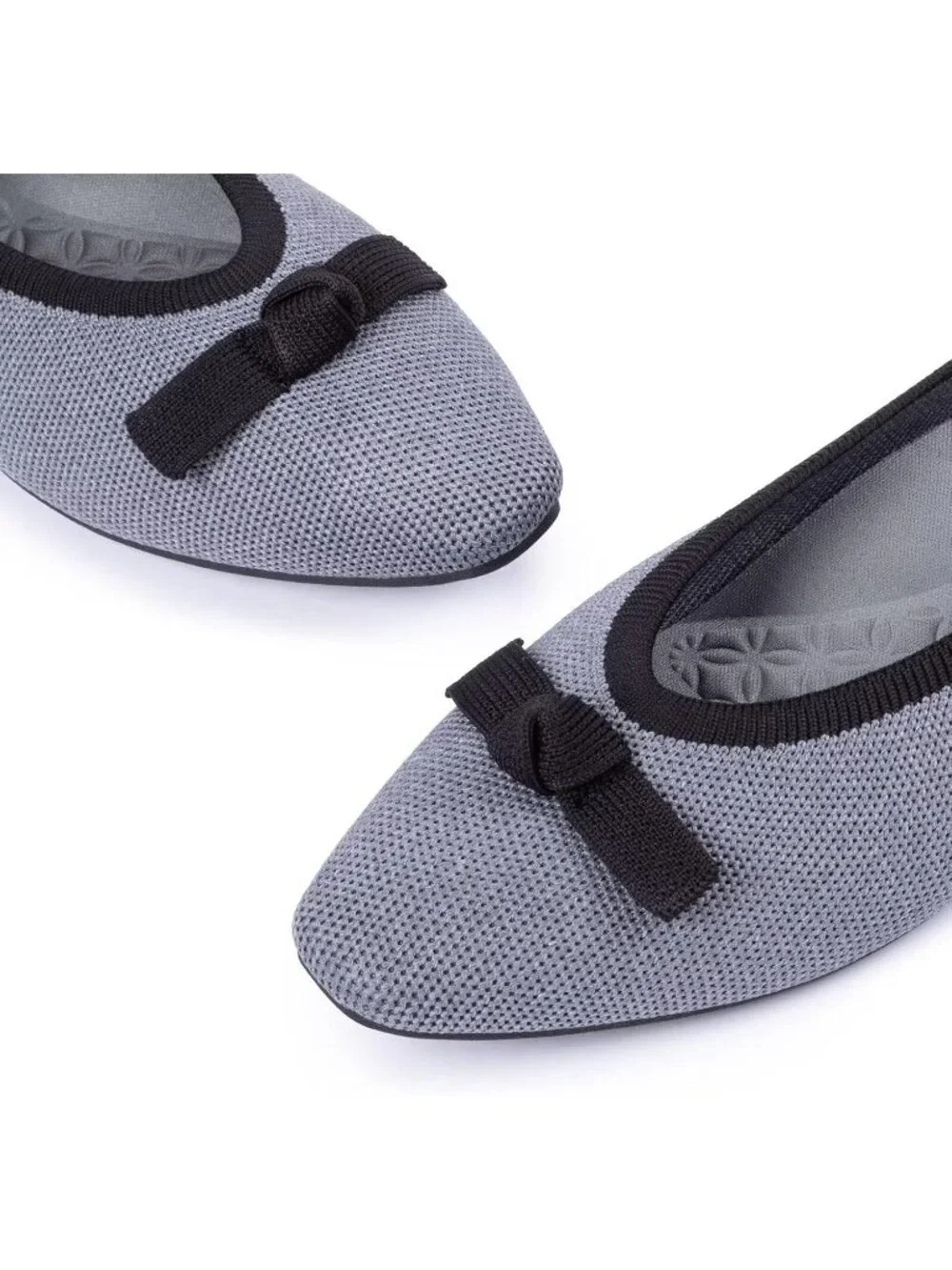 Frank Mully Women's Grey Black Rubber Knit Squared Toe Bow Slip On Ballet Flats
