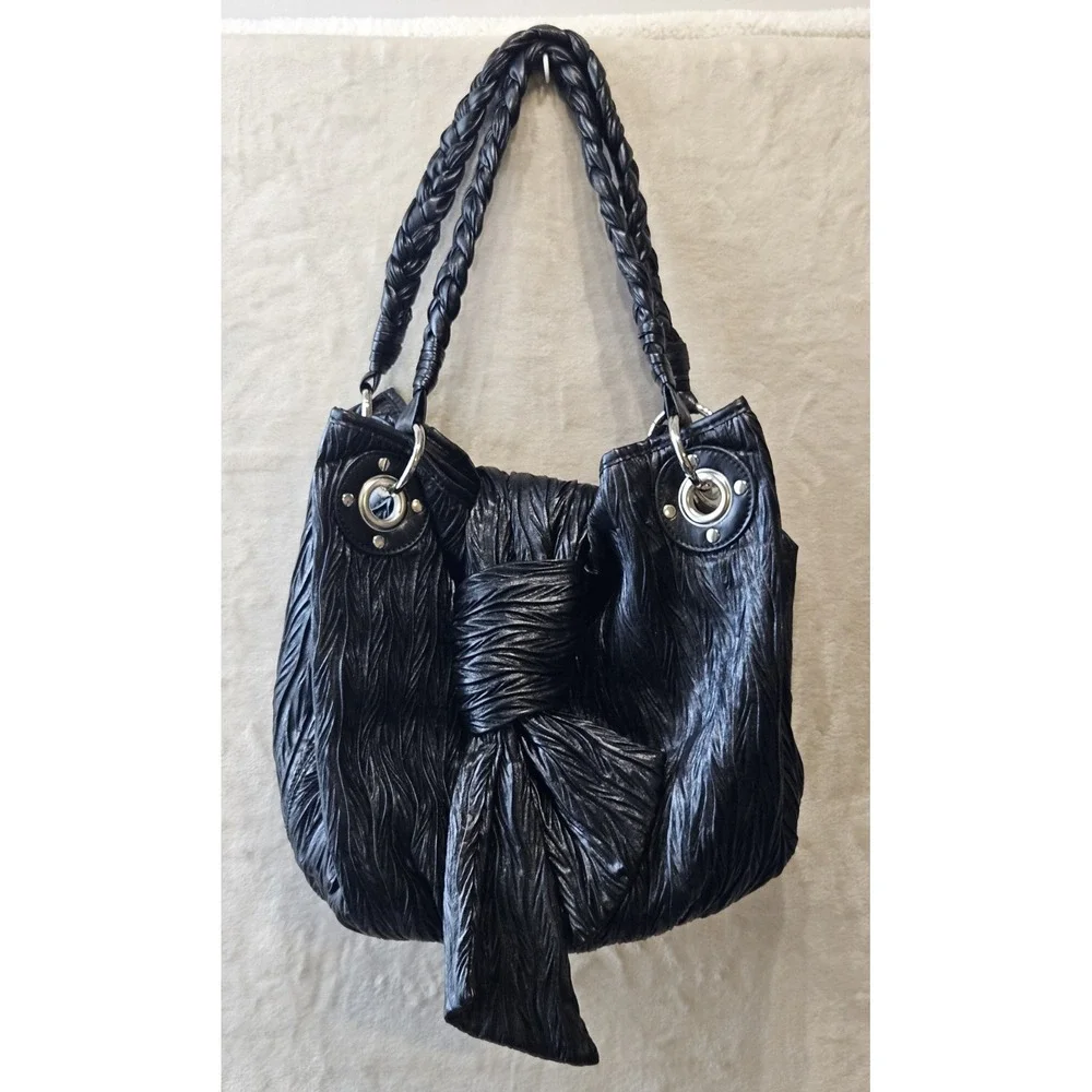 Anthropologie Melie Bianco‎ Black Ruched Bow Braided Handle Shoulder Bag Y2K